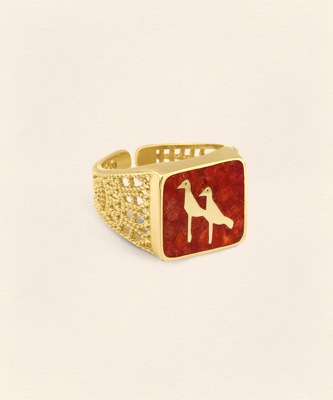 Coral Crane Filigree Ring Couple Set