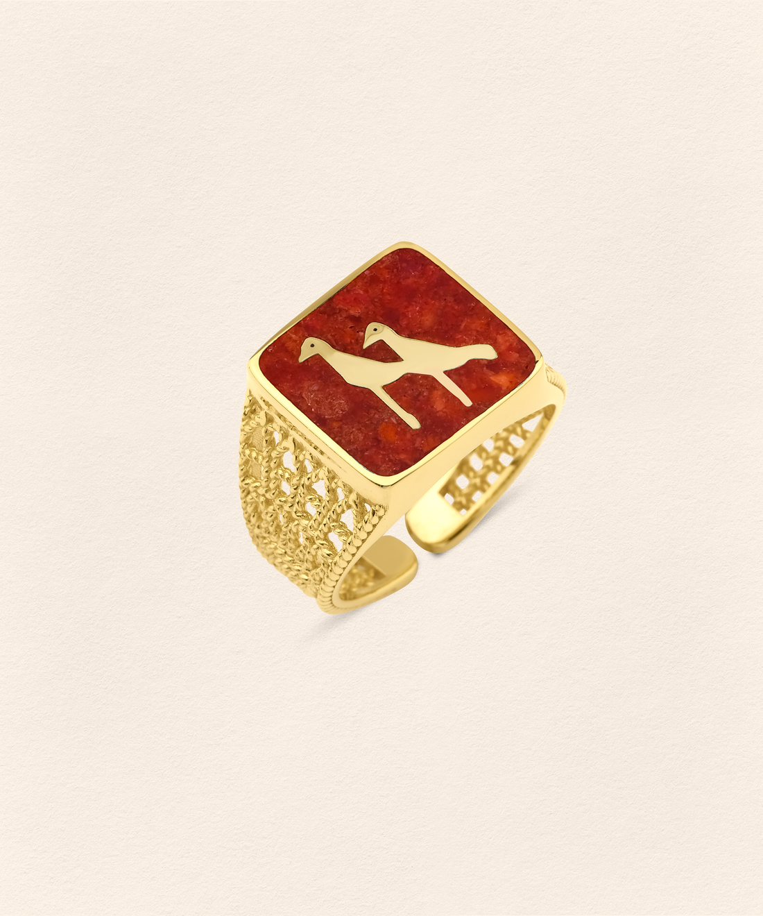 Coral Crane Filigree Ring Couple Set