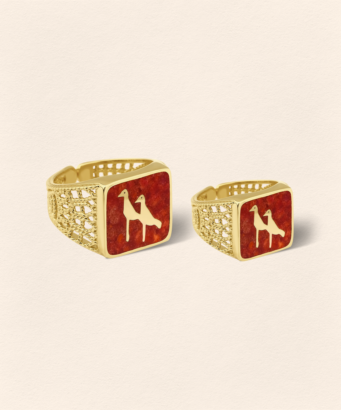 Coral Crane Filigree Ring Couple Set