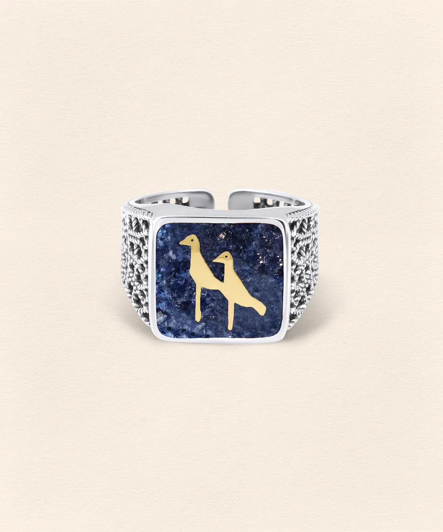 Lapis Crane Filigree Ring Silver Couple Set