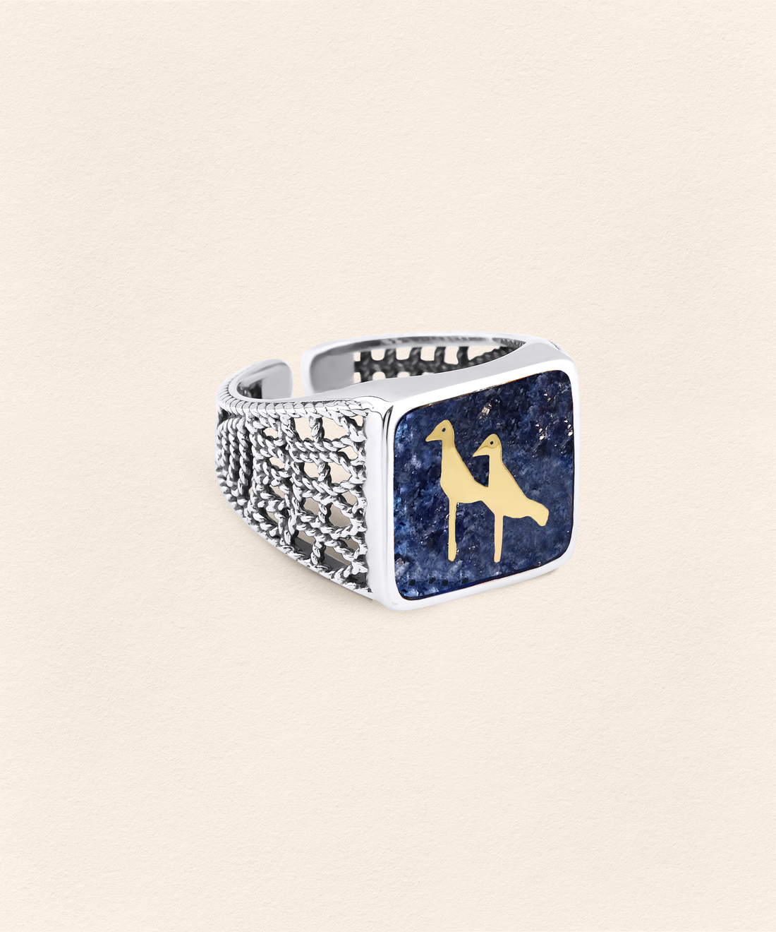 Lapis Crane Filigree Unisex Ring Silver