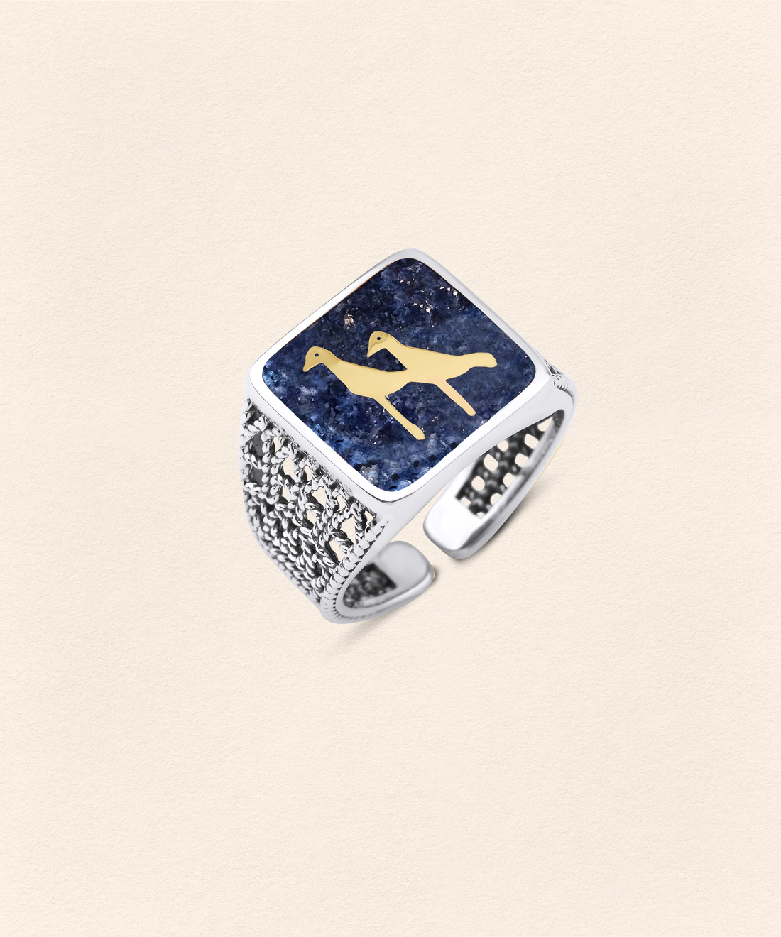 Lapis Crane Filigree Unisex Ring Silver