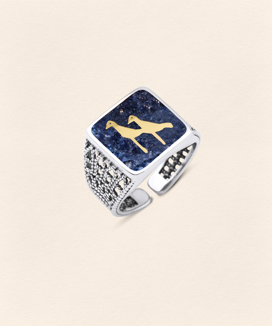 Lapis Crane Filigree Unisex Ring Silver