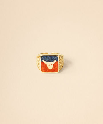 Lapis & Coral Bull Filigree Gold Ring - Men