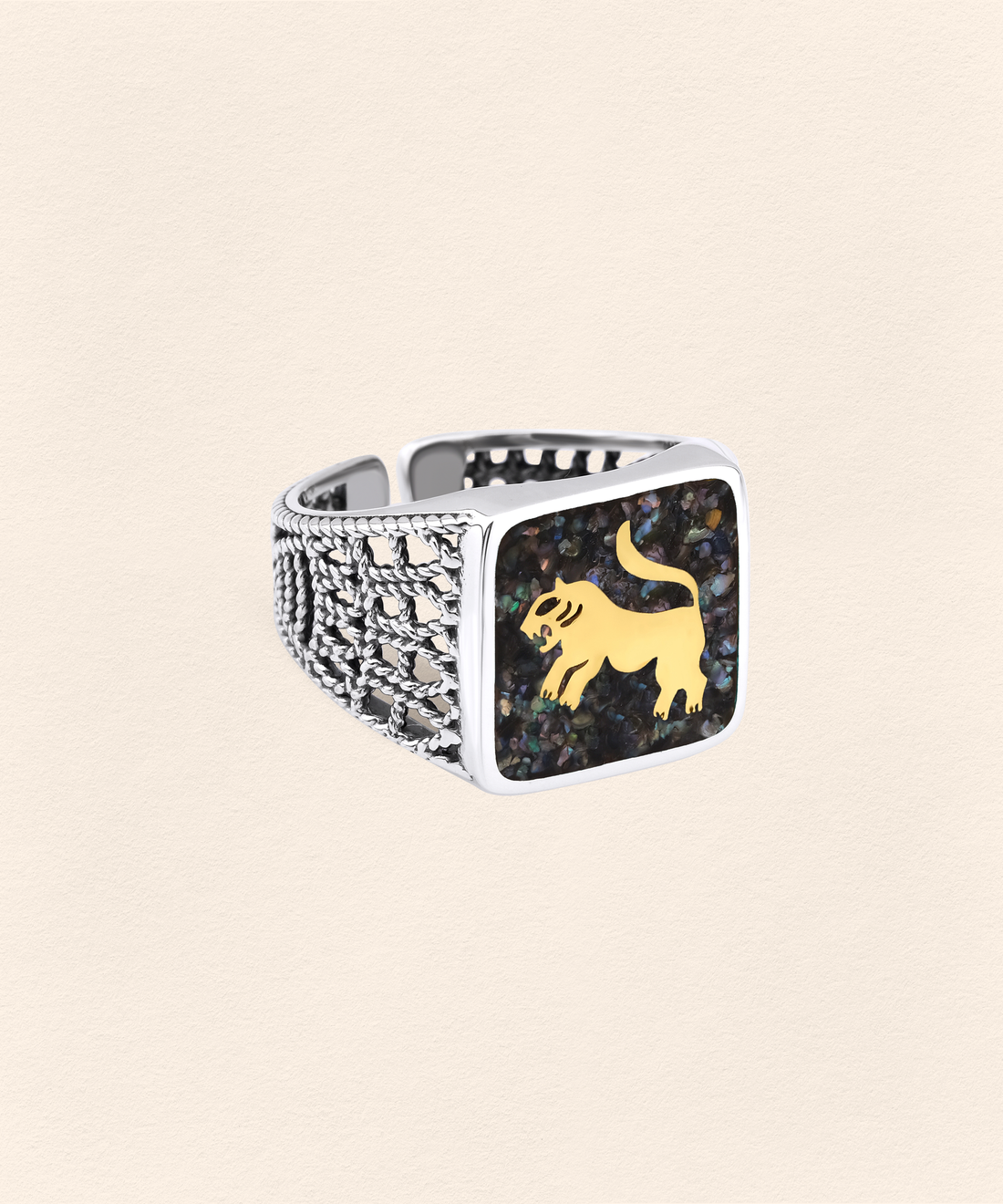 Black Pearl Lion Filigree Ring Silver Couple Set