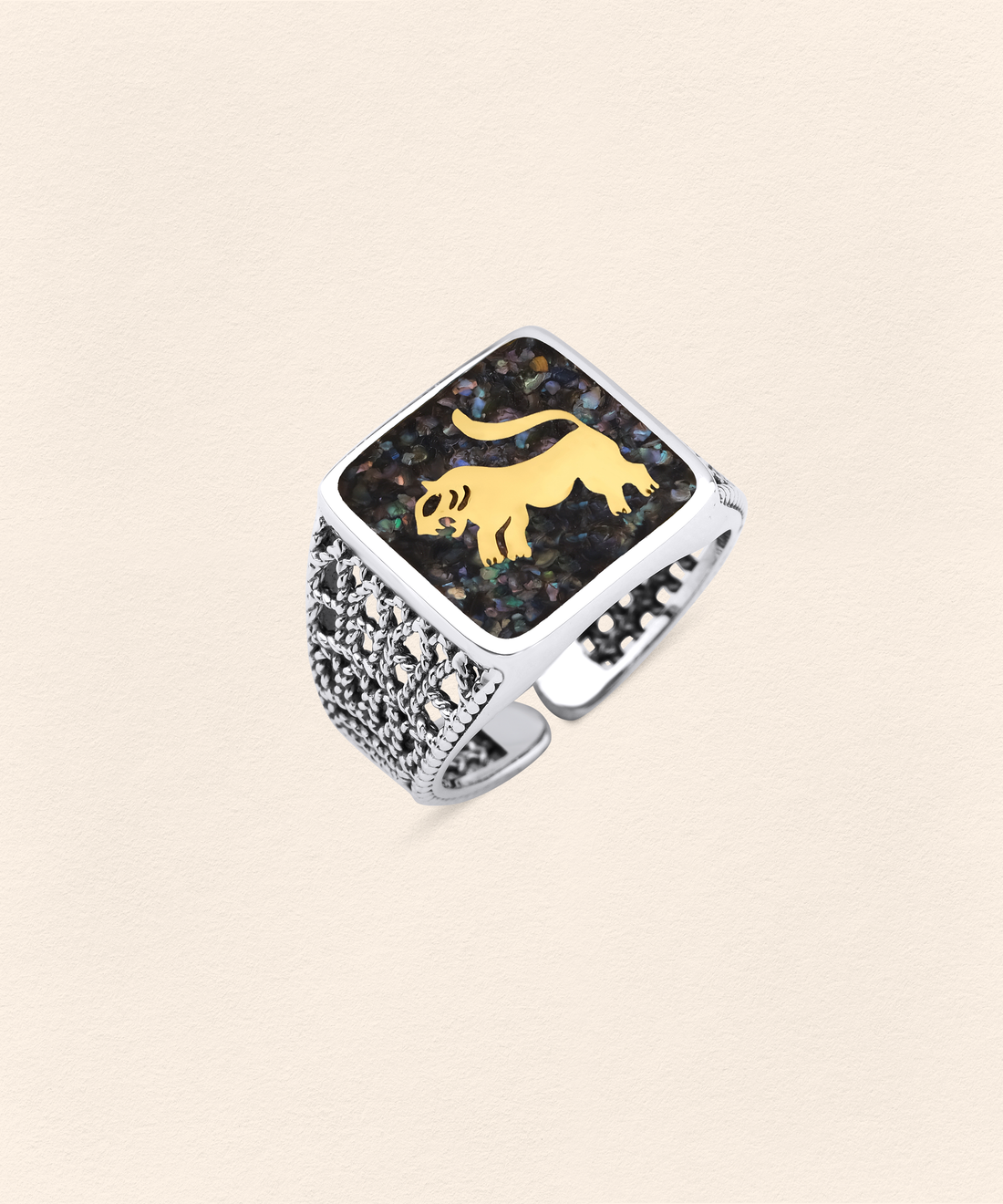 Black Pearl Lion Filigree Ring Silver Couple Set