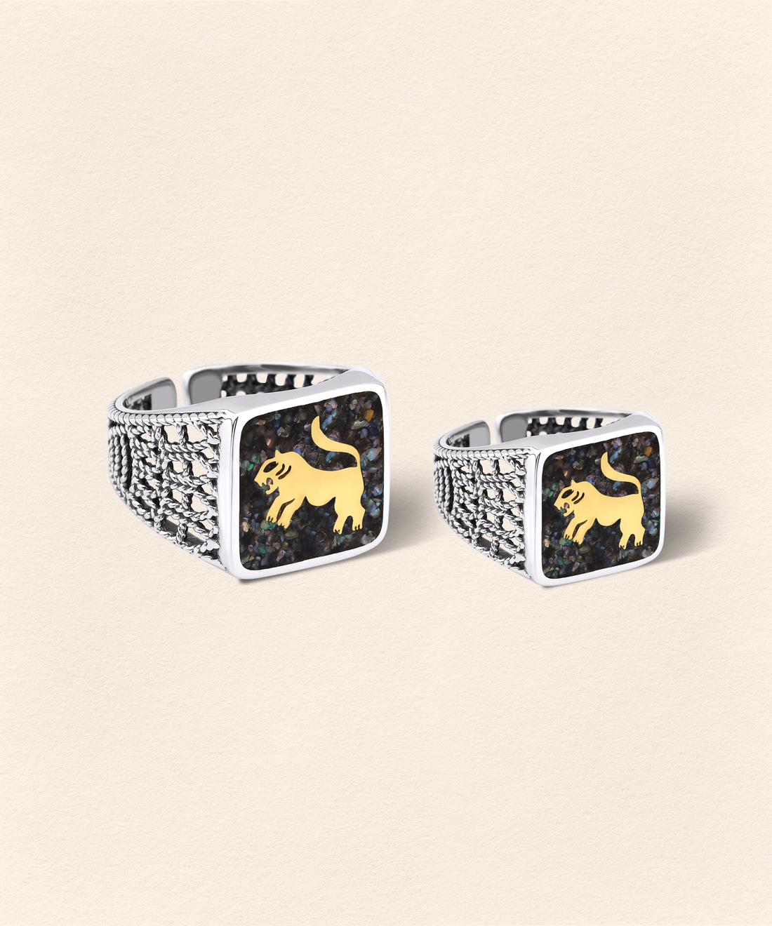Black Pearl Lion Filigree Ring Silver Couple Set