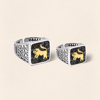 Black Pearl Lion Filigree Ring Silver Couple Set