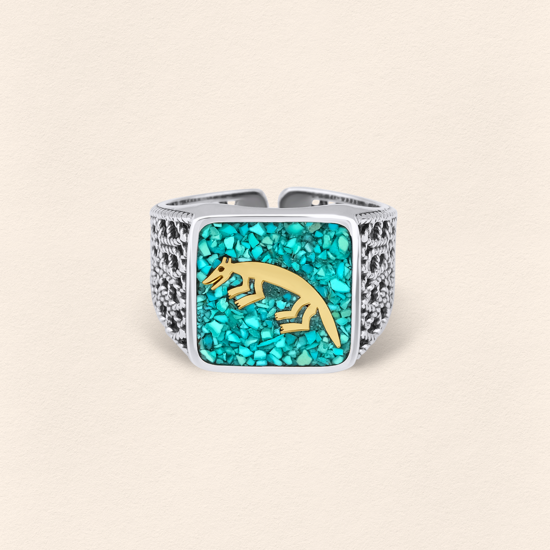 Turquoise Fox Filigree Ring Couple Set