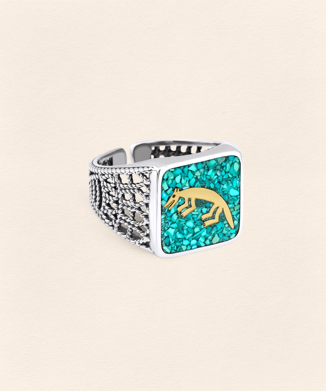 Turquoise Fox Filigree Ring Couple Set