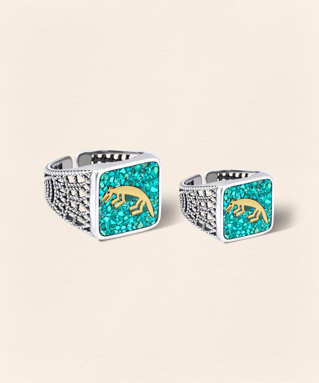 Turquoise Fox Filigree Ring Couple Set