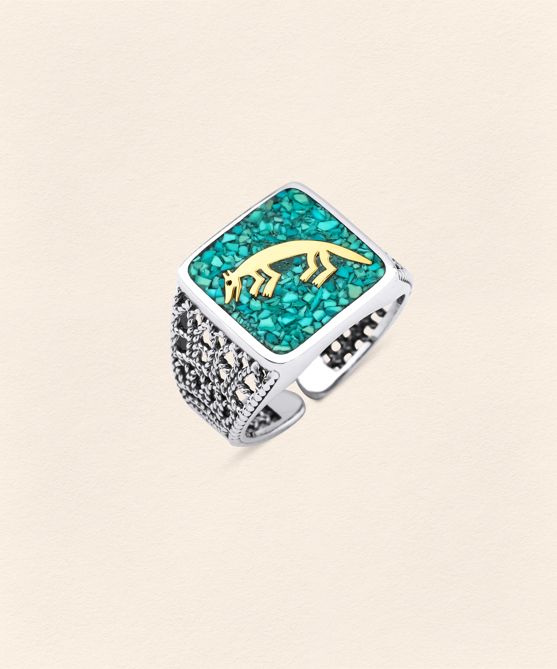 Turquoise Fox Filigree Ring Couple Set