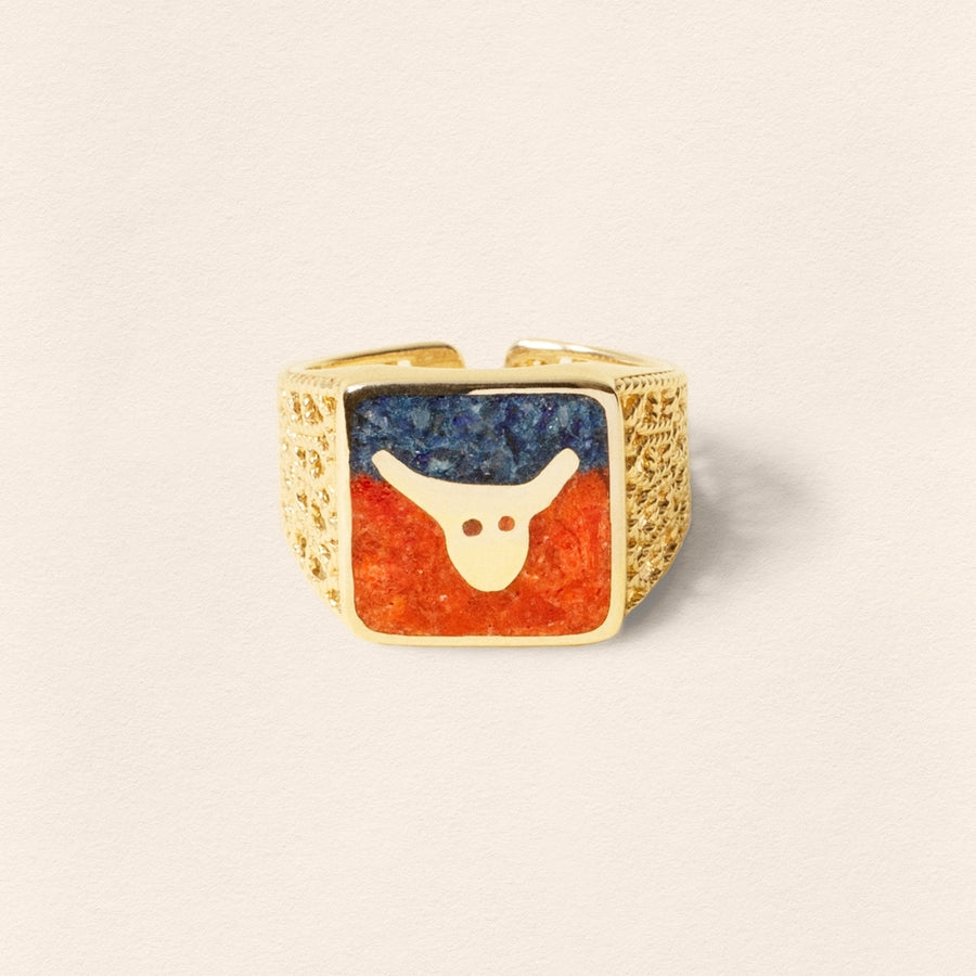 Lapis & Coral Bull Filigree Gold Ring