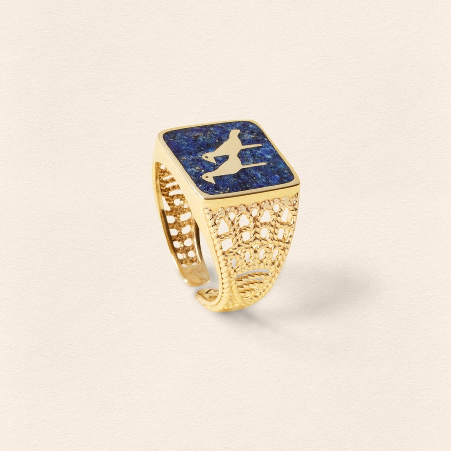 Lapis Crane Filigree Gold Ring
