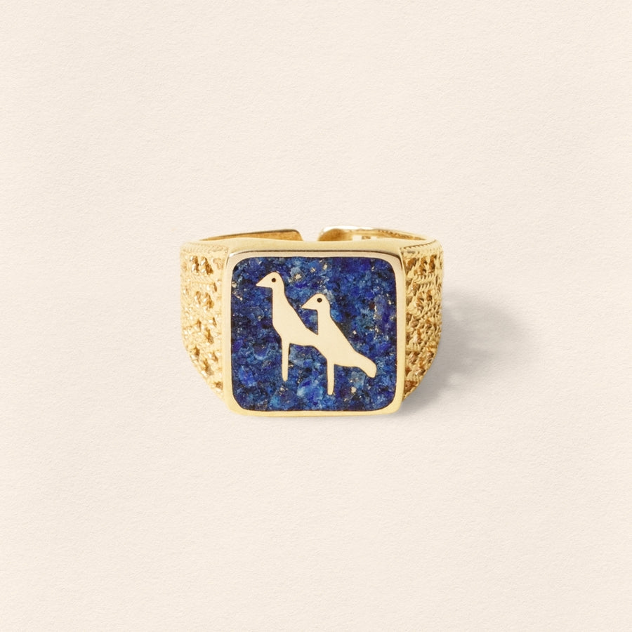 Lapis Crane Filigree Gold Ring - Men