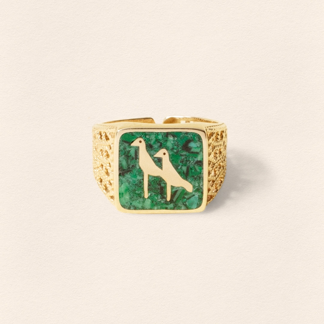 Malachite Crane Filigree Gold Ring - Men